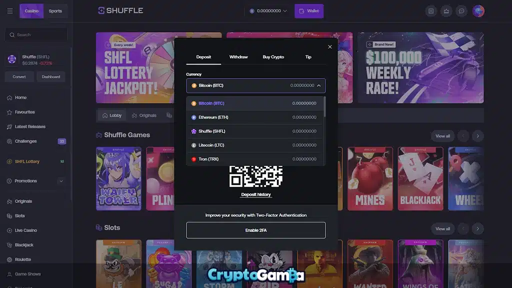 Crypto deposit at Shuffle Casino