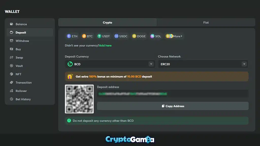 Crypto deposit at BC.Game casino