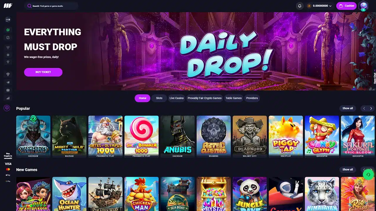 Metaspins casino landing page with games