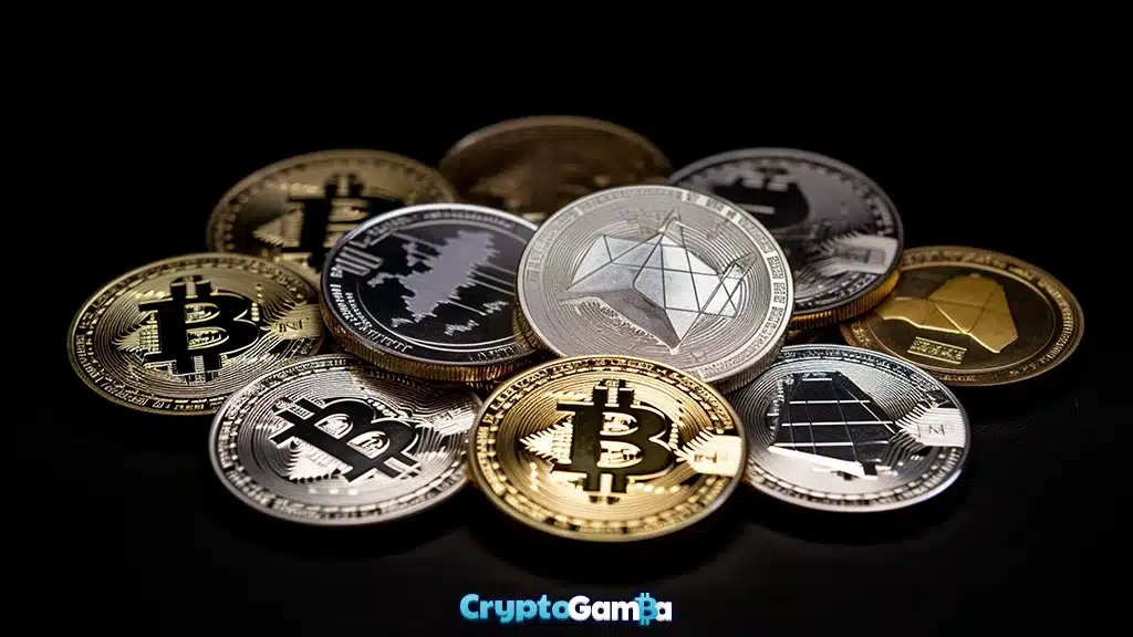 Stack of cryptocurrency coins on black background