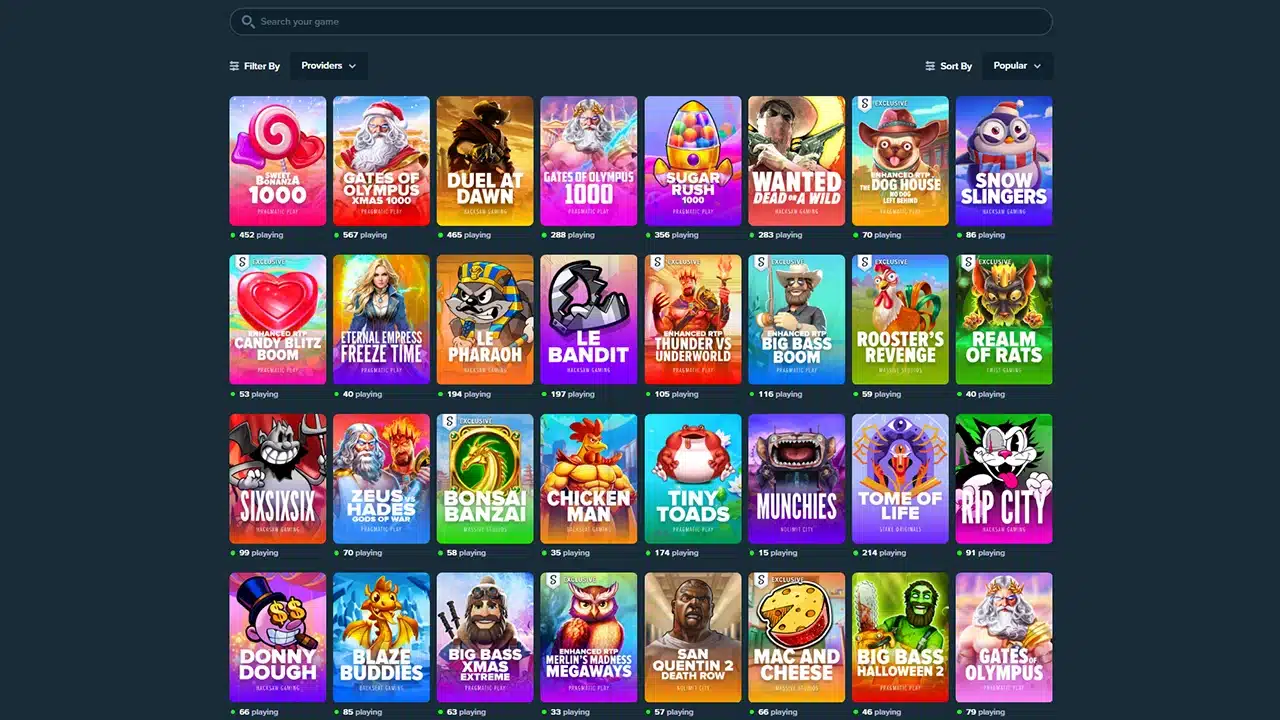 Selection of slot games at Stake casino