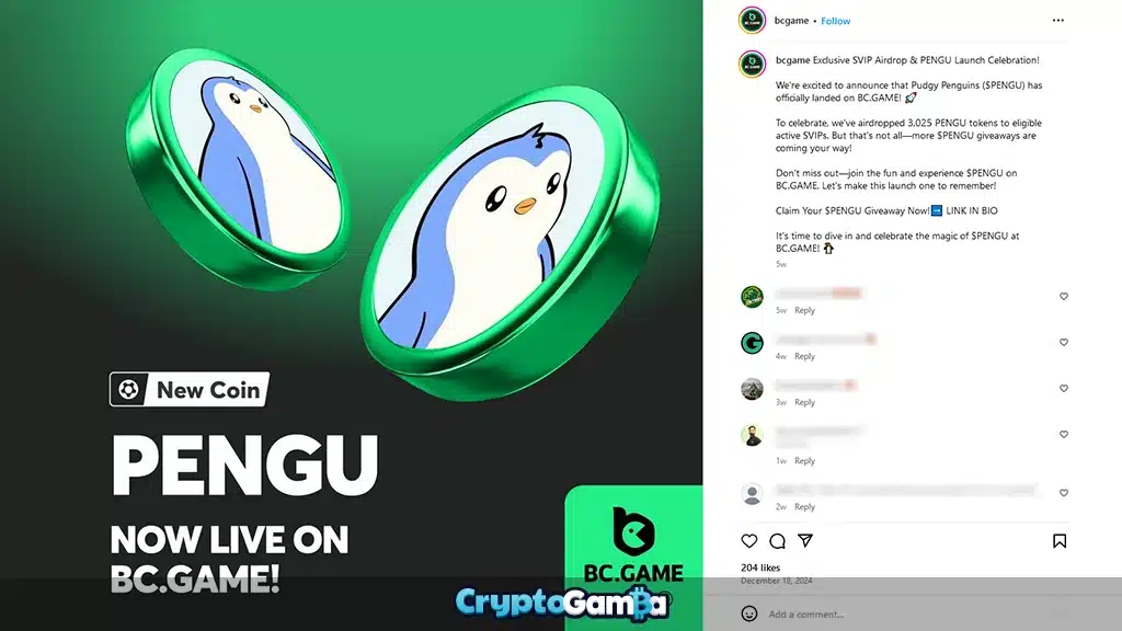 BC.Game crypto casino instagram announcement