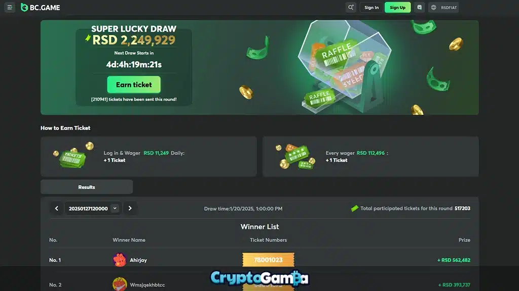BC.Game crypto casino weekly raffle promotion