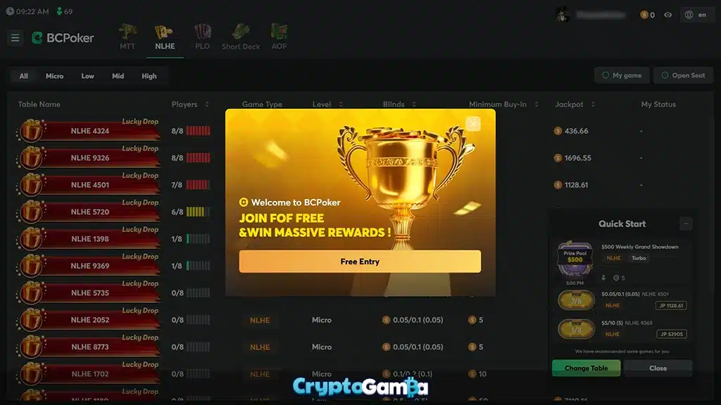 BC.Game crypto casino BC Poker interface