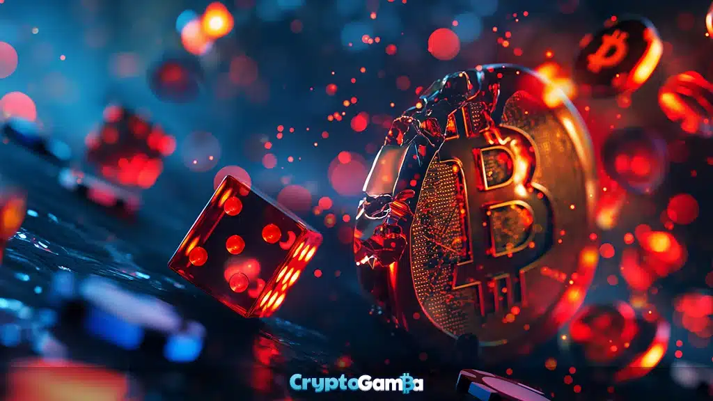Casino dices and chips on table with Bitcoin fire coin