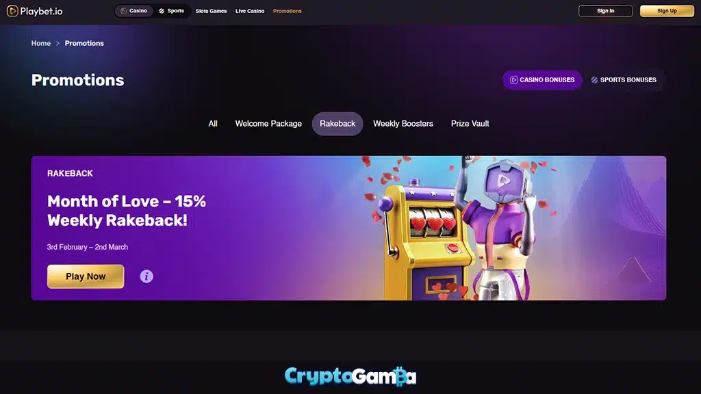 Playbet.io crypto casino weekly rakeback promotion