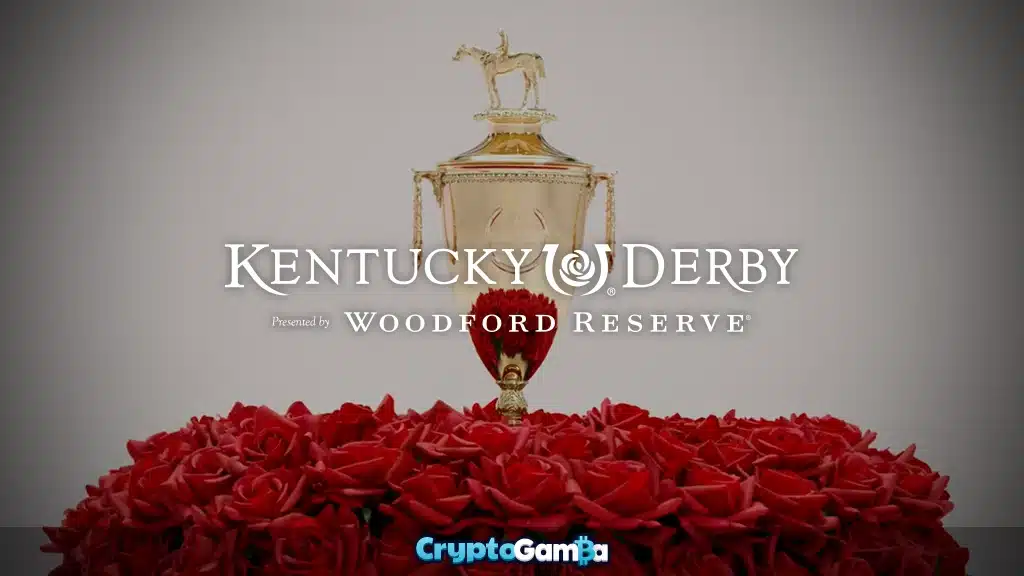 2025 Kentucky Derby logo on background with winners trophy