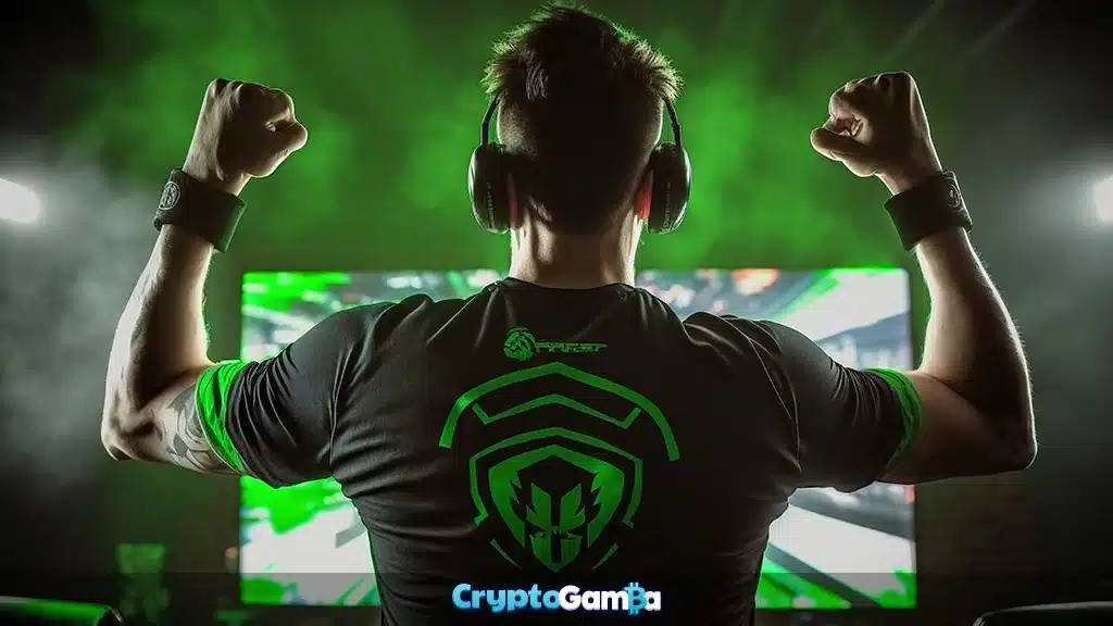 eSports gamer back side view rejoices in the victory