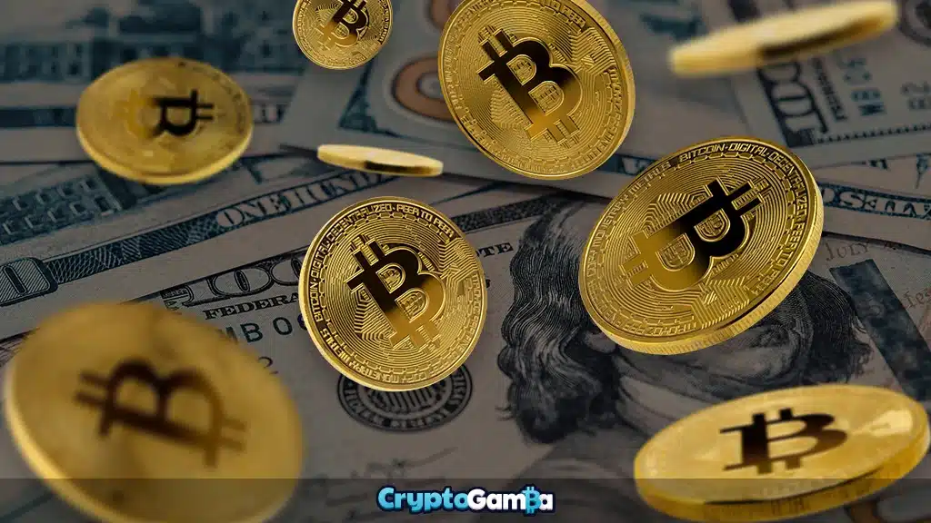 Bitcoin coins flying on a dollar bills background
