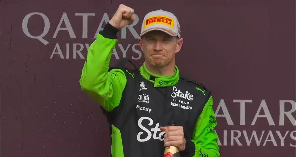 Nico Hulkenberg celebrating his first podium finish in Formula one