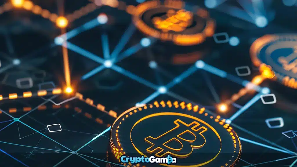 Bitcoin cryptocurrency coin standing on circuit board