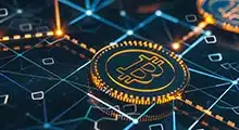 Bitcoin cryptocurrency coin standing on circuit board