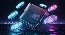 Digital Wallet with neon crypto coins